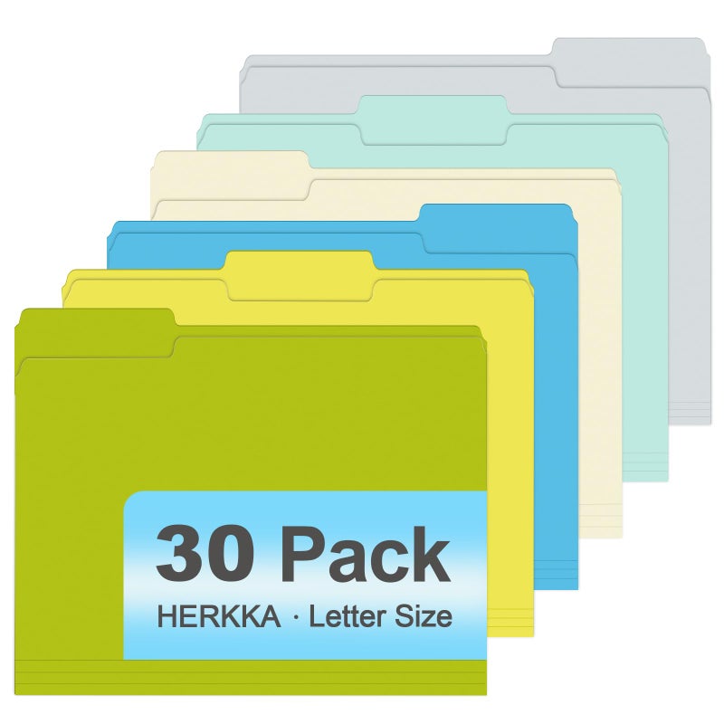 HERKKA File Folder, HERKKA 30 Pack 1/3 Cut Tab File Folders, Letter Size, Assorted 6 Colors, Colored File Folders Designed for Office and Classroom Use - Image 1